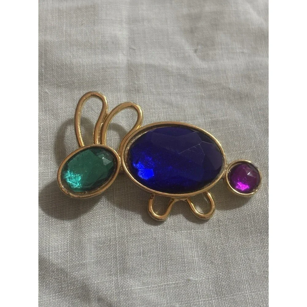 Vintage Bunny Brooch Gold Tricolor Glass Cabochon Figural Pin Blue Purple Green